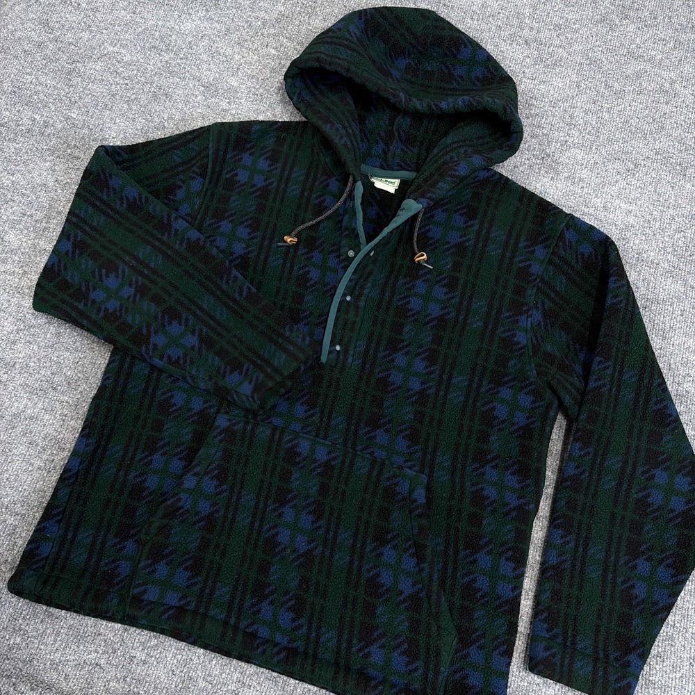Vintage LL Bean Jacket Womens Large 1/4 Snap Hooded Fleece Pullover Green Plaid